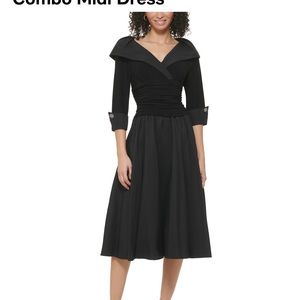 Portrait-Collar Combo Midi Dress